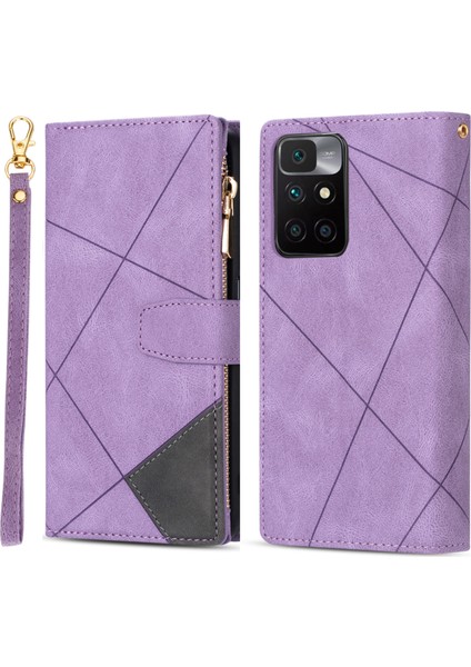 Çizgiler Ekleme Tasarım Anti-Drop Iyi Korumalı Cüzdan Deri Telefon Kapağı Kasası Xiaomi Xiaomi Redmi 10 4g ()/redmi 10 4g/redmi Not 11 4g (Mediatek)/redmi 10 Prime-Purple (Yurt Dışından)