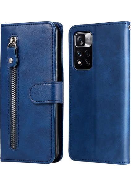 Şok Geçirmez Stand Cüzdan Fermuarlı Cep Tasarımı Dokulu Deri Telefon Kasası Xiaomi Redmi Note 11 Pro 5g (Çin) (Mediatek)/note 11 Pro+ 5g-Blue (Yurt Dışından)