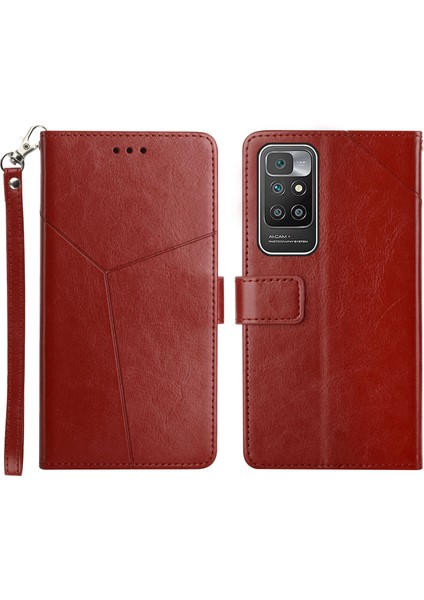 Y Şeklindeki Hatlar Damla Dirençli Pu Deri+Yumuşak Tpu Iç Kabuk Cüzdanı Standı Xiaomi Redmi Için Telefon Kapağı Not 11 4g (Mediatek)/10 4g (2021)/10 2022 4g/10 Prime-Wine Kırmızı (Yurt Dışından)