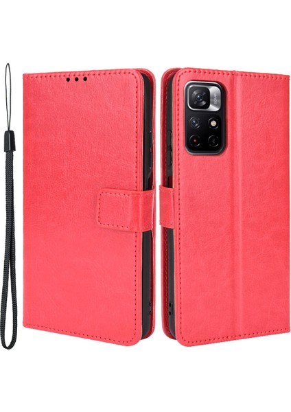Çılgın At Dokusu Anti-Fall Pu Deri Cüzdan Xiaomi Için Kayış ile Düz Renk Kapağı Kılıfı Not 11 5g (Çin) (Mediatek)/not 11T 5g/not 11S 5g-Red (Yurt Dışından)