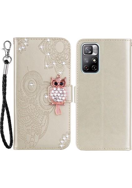 Cep Telefonu Kasası Rhinestone Dekoru Flip Pu Deri Manyetik Toka Kasası Xiaomi Için Uyumlu Not 11 /redmi Not 11T /not 11S Cüzdan Standı Baykuş Çiçeği Baskılı Telefon Kabuğu-Altın (Yurt Dışından)