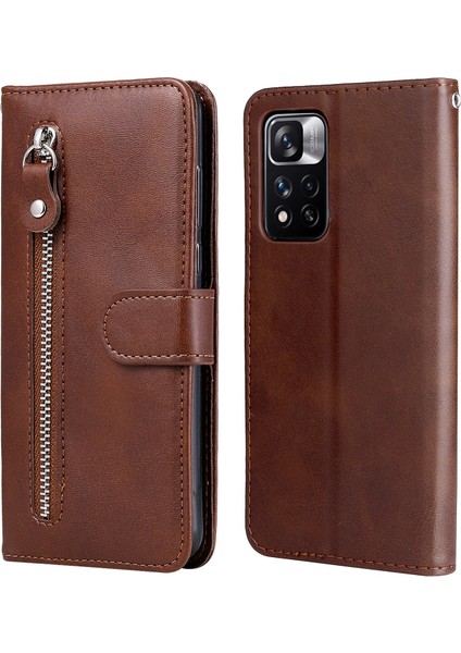 Şok Geçirmez Stand Cüzdan Fermuarlı Cep Tasarımı Dokulu Deri Telefon Kasası Xiaomi Redmi Note 11 Pro 5g (Çin) (Mediatek)/note 11 Pro+ 5g-Brown (Yurt Dışından)