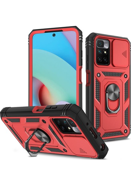 Xiaomi Için Redmi 10 4g (2021)/REDMI 10 2022 4g/redmi Not 11 4g (Mediatek) Kamera Lens Koruyucusu Kasa Pc+Tpu Kickstand Kapağı Kart Yuvası-Kırmızı/siyah (Yurt Dışından)