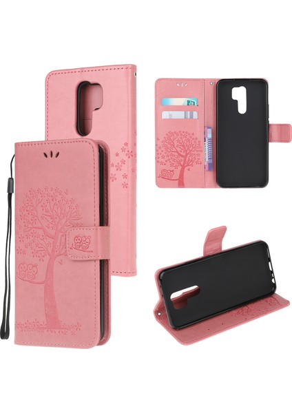 Baskı Ağacı Baykuş Cüzdan Deri Kılıfı Xiaomi Redmi 9-Pink Için (Yurt Dışından)