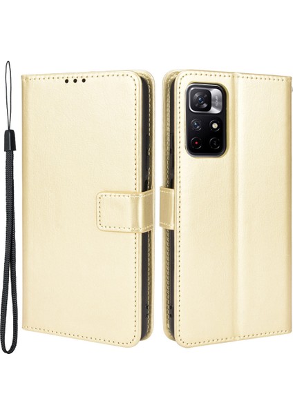 Çılgın At Dokusu Anti-Fall Pu Deri Deri Cüzdan Xiaomi Redmi Için Kayış ile Düz Renk Kapağı Kılıfı Not 11 5g (Çin) (Mediatek)/not 11T 5g/not 11S 5g-Gold (Yurt Dışından)