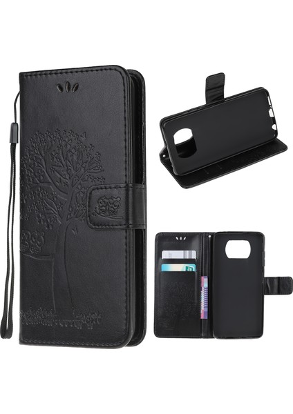 Xiaomi Poco X3/poco X3 Nfc-Black Için Şık Baskı Ağacı ve Baykuş Cüzdan Deri Telefon Koruyucusu (Yurt Dışından)