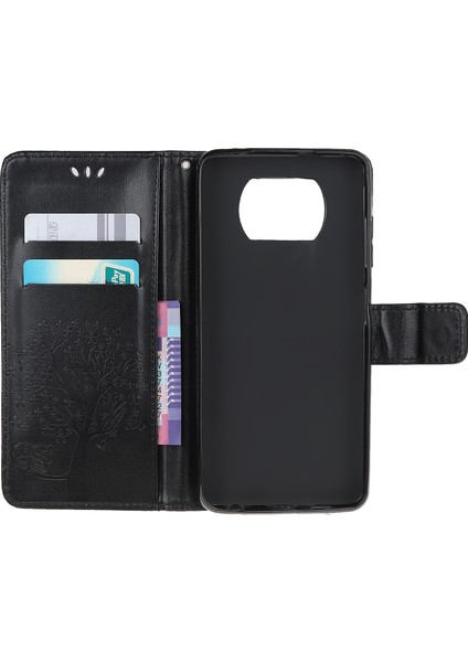Xiaomi Poco X3/poco X3 Nfc-Black Için Şık Baskı Ağacı ve Baykuş Cüzdan Deri Telefon Koruyucusu (Yurt Dışından)