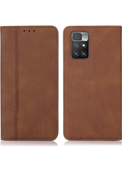 Çizgiler Pu Deri Deri Dondur Tulunma Kılıfı Stand Tasarım Telefon Kapağı Xiaomi Redmi Not 11 4g (Mediatek)/redmi 10 4g (2021)/REDMI 10 2022 4g/10 Prime-Brown (Yurt Dışından)