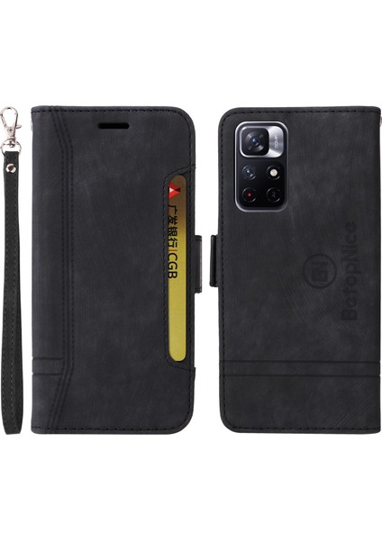 Xiaomi Redmi Için Note 11 Pro 5g (Mediatek)/note 11 Pro+ 5g/poco X4 NFC/11I 5g Baskılı Dikiş Hattı Deri Kılıf Telefon Cüzdan Stand Kapak Black (Yurt Dışından)