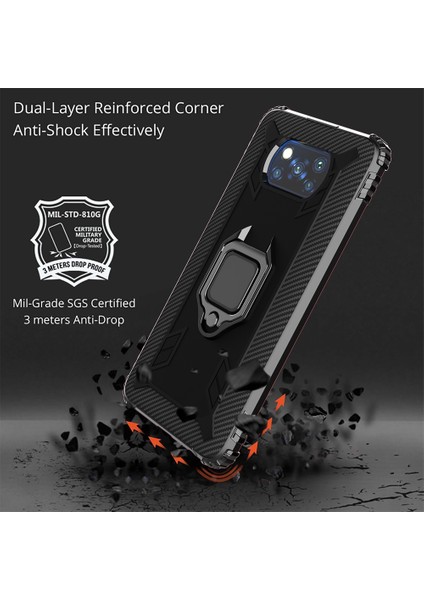 Parmak Halkası Kickstand Telefon Kasası Tpu Koruyucu Kabuk Xiaomi Poco X3 Nfc/poco X3-Black (Yurt Dışından)
