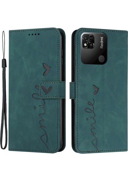 Xiaomi Için Redmi 10A/POCO C31/REDMI 9c/9c Nfc Kalp Şekli Baskılı Telefon Kılıfı Pu Deri Deri Touch Hisset Cüzdan Stand Iyi Koruma Kabuğu Strap-Yeşili (Yurt Dışından)