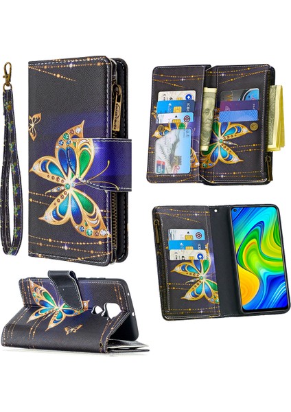 BF03 Baskı Fermuarı Cüzdan Deri Kapak Xiaomi Redmi Note 9/redmi 10X 4g-Kristal Kelebek (Yurt Dışından)