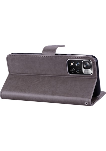 Pu Deri Manyetik Tokaton Dekor Dekor Telefon Kasası Cüzdan Baykuş Çiçek Baskılı Kabuk Kapağı Xiaomi Için Kayış ile Basılı Kabuk Kapağı Note 11 Pro 5g (Çin) (Mediatek)/11 Pro+ 5g-Grey (Yurt Dışından) modelleri