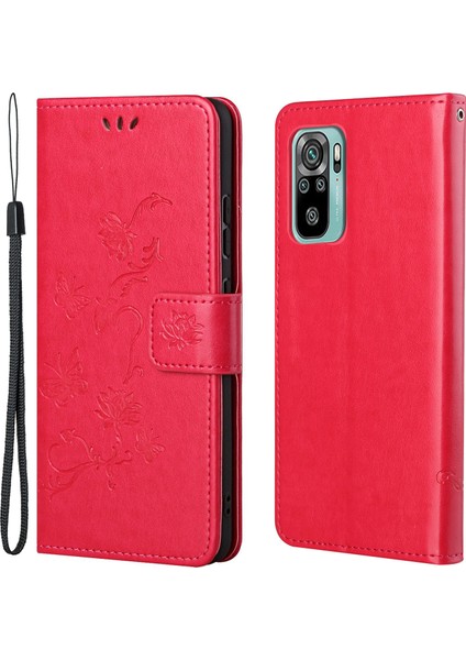 Ayarlanabilir Stand Tasarım Kelebek Çiçekleri Baskı Anti-Çizgiye Dönüştüren Xiaomi Redmi Için Şık Deri Telefon Cüzdan Kapağı 10 4g (2021)/10 Prime/10 2022 4g/not 11 4g (Mediatek) -Red (Yurt Dışından)