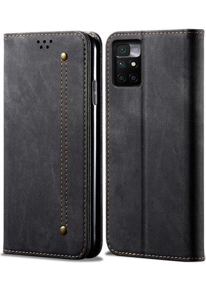 Kot Kumaş Doku Cüzdan Tasarımı Otomatik Absorlanmış Deri Telefon Kılıfı Xiaomi Redmi 10 4g (2021)/10 2022 4g/not 11 4g (Mediatek) -Black (Yurt Dışından)