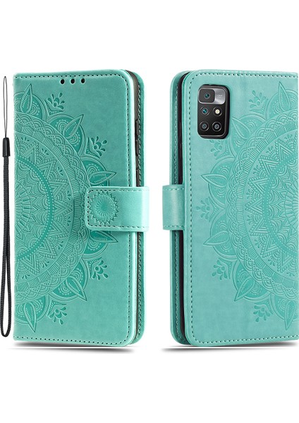 Xiaomi Için Redmi 10 4g (2021)/REDMI 10 2022 4g/redmi 10 Prime/redmi Not 11 4g (Mediatek) Basılı Mandala Çiçek Pu Deri Deri Cüzdan Stand Telefon Flip Kapak Kılıf Yeşili (Yurt Dışından)