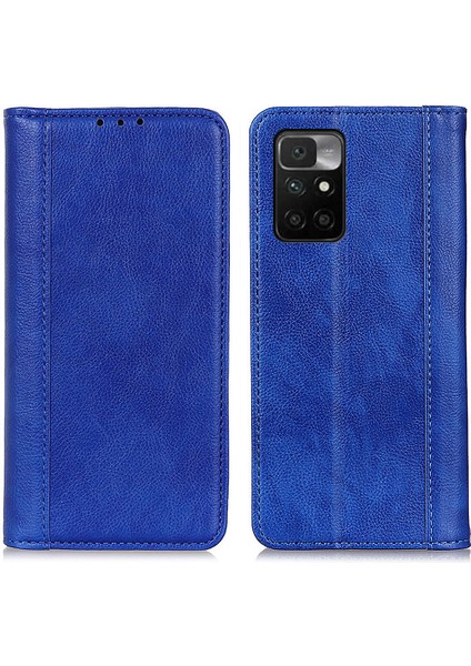 Litchi Doku Bölünmüş Deri Anti Damla Damla Cüzdan Stand Telefon Kapak Kılıfı Xiaomi Redmi Not 11 4g (Mediatek)/redmi 10 4g/redmi 10 2022 4g/10 Prime-Blue (Yurt Dışından)