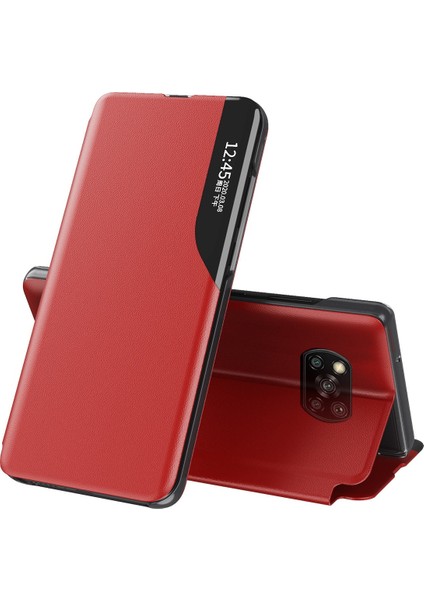 Pu Deri Telefon Kapağı Xiaomi Için Poco X3/poco X3 Nfc Görünüm Pencere Deri Standı Kılıf Kırmızısı (Yurt Dışından)