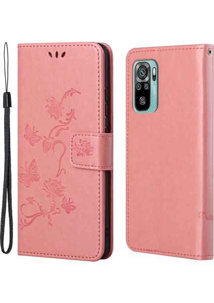 Ayarlanabilir Stand Tasarım Kelebek Çiçekleri Baskı Anti-Çizelge Xiaomi Redmi Için Şık Deri Telefon Cüzdan Kapağı 10 4g (2021)/10 Prime/10 2022 4g/not 11 4g (Mediatek) -Pink (Yurt Dışından)