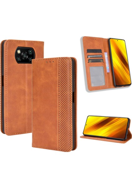 Xiaomi Poco X3 Nfc/poco X3-Brown Için Vintage Stil Deri Cüzdan Kılıfı (Yurt Dışından)