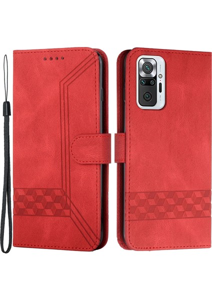 Baskı Rhombus Çizgileri Cilt Dokunuşu Koruyucu Deri Kasa Cüzdan Kapağı Stand ile Xiaomi Redmi Note 10 Pro 4g (Hindistan)/(Global) -Red (Yurt Dışından)