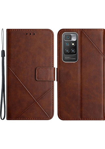 Stripe Deri Telefon Kasası Düz Renkli Cüzdan Telefon Kabuğu Xiaomi Için Redmi 10 4g (2021)/REDMI 10 2022 4g/redmi Not 11 4g (Mediatek)/redmi 10 Prime-Dark Brown (Yurt Dışından)