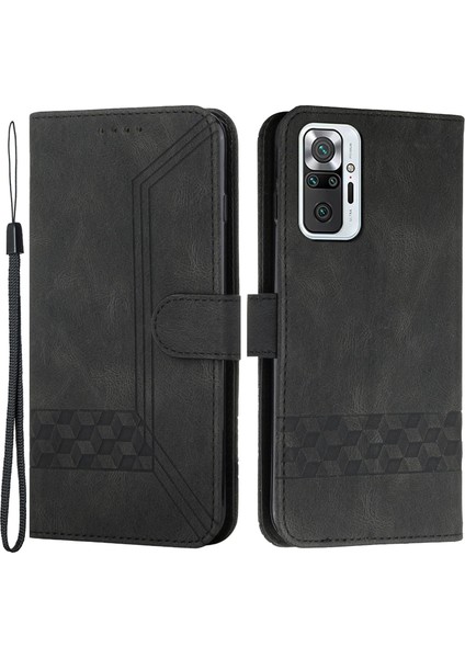 Baskı Rhombus Çizgileri Cilt Dokunuşu Koruyucu Deri Kasa Cüzdan Kapağı Stand ile Xiaomi Redmi Note 10 Pro 4g (Hindistan)/(Global) -Black (Yurt Dışından)
