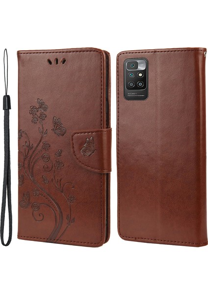 Pu Deri Kelebekler Desen Dondurma Cüzdan Tasarım Telefon Kılıfı Xiaomi Redmi Not 11 4g (Mediatek)/redmi 10 4g (2021)/REDMI 10 2022 4g/redmi 10 Prime-Brown (Yurt Dışından)