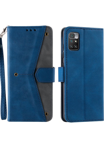 Xiaomi Için Redmi 10 4g (2021)/REDMI 10 2022 4g/redmi Not 11 4g (Mediatek)/redmi 10 Prime Ekleme Dikişli Pu Deri Stand Cüzdan Telefon Kılıfı Koruyucu Kapak-Blue (Yurt Dışından)