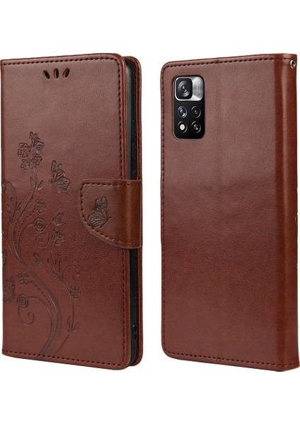 Basılı Kelebek Çiçek Deseni Pu Deri Manyetik Flip Kapak Standı Özellik Xiaomi Redmi Için Cüzdan Telefon Kılıfı Not 11 Pro 5g (Çin) (Mediatek)/not 11 Pro+ 5g-Brown (Yurt Dışından)