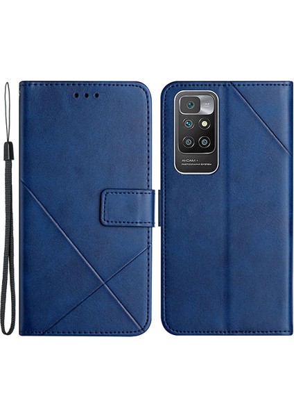 Stripe Deri Telefon Kılıfı Düz ​​renkli Cüzdan Telefon Kabuğu Xiaomi Redmi 10 4g (2021)/REDMI 10 2022 4g/redmi Not 11 4g (Mediatek)/redmi 10 Prime-Blue (Yurt Dışından)