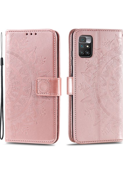 Xiaomi Için Redmi 10 4g (2021)/REDMI 10 2022 4g/redmi 10 Prime/redmi Not 11 4g (Mediatek) Baskılı Mandala Çiçek Pu Deri Deri Cüzdan Stand Telefon Flip Cover Kapak Kılıfı Golü Altın (Yurt Dışından)