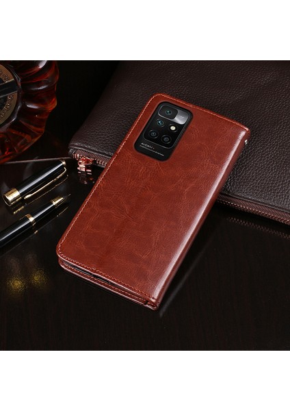 Çılgın At Dokusu Tam Vücut Koruma Cüzdan Stand Folio Xiaomi Redmi Için Deri Kılıf 10 4g (2021)/10 Prime/10 2022 4g/not 11 4g (Mediatek) -Dark Mavi (Yurt Dışından) modelleri