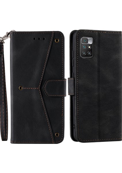 Xiaomi Için Redmi 10 4g (2021)/REDMI 10 2022 4g/redmi Not 11 4g (Mediatek)/redmi 10 Prime Ekleme Dikişli Pu Deri Stand Cüzdan Telefon Kılıfı Koruyucu Kapak Black (Yurt Dışından)