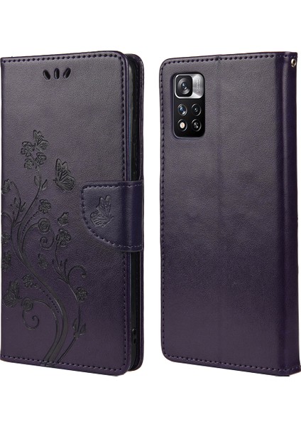 Basılı Kelebek Çiçek Deseni Pu Deri Manyetik Flip Kapak Standı Özellik Xiaomi Redmi Için Cüzdan Telefon Kılıfı Not 11 Pro 5g (Çin) (Mediatek)/not 11 Pro+ 5g-Purple (Yurt Dışından)