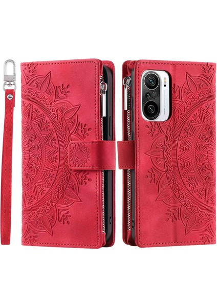 Xiaomi Için Redmi K40 5G/K40 Pro 5G/K40 Pro+ 5g/poco F3/mi 11I Anti-Düşme Mandala Çiçek Baskılı Pu Deri Telefon Kapağı Stand Çok Sayıda Kart Yuvası Fermuar Cep Cüzdanı Vaka-Rose (Yurt Dışından)