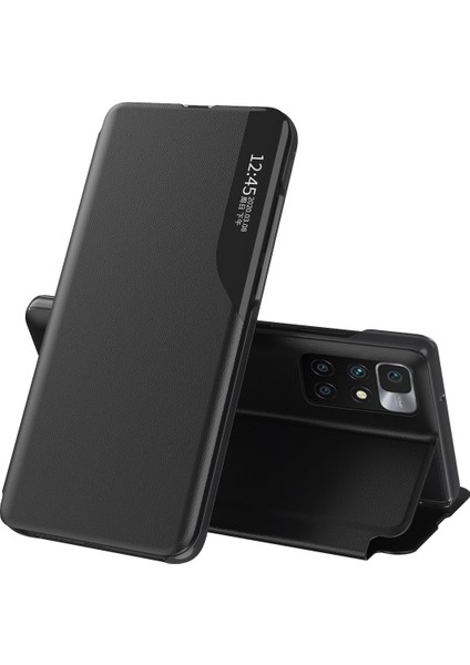 Pencere Stand Tasarım Deri Kılıf Telefon Kapağı Xiaomi Redmi 10 4g (2021)/REDMI 10 2022 4g/redmi Not 11 4g (Mediatek)/redmi 10 Prime-Black (Yurt Dışından)