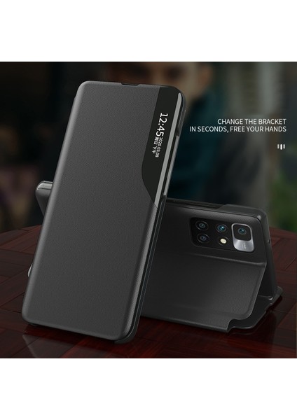 Pencere Stand Tasarım Deri Kılıf Telefon Kapağı Xiaomi Redmi 10 4g (2021)/REDMI 10 2022 4g/redmi Not 11 4g (Mediatek)/redmi 10 Prime-Black (Yurt Dışından) fırsatları