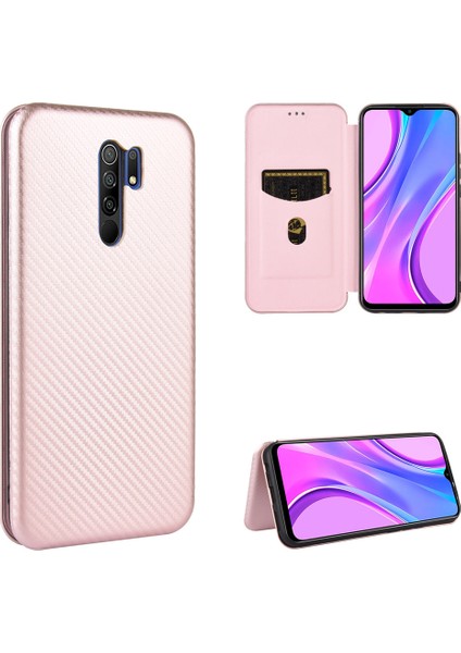 Karbon Fiber Otomatik Absorbed Deri Stand Cep Telefonu Kılıfı Xiaomi Redmi 9-Rose Altın (Yurt Dışından)