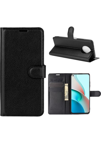 Litchi Doku Cüzdan Tasarımı Deri Telefon Koruyucu Stand Kapağı Xiaomi Redmi Not 9t 5g/not 9 5g-Black (Yurt Dışından)