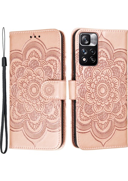 Baskı Mandala Çiçek Flip Pu Deri Kılıf Standı Manyetik Kapatma Koruyucu Telefon Kapağı Strap ile Xiaomi Redmi Note 11 Pro 5g (Çin) (Mediatek)/not 11 Pro+ 5g-Rose Altın (Yurt Dışından)
