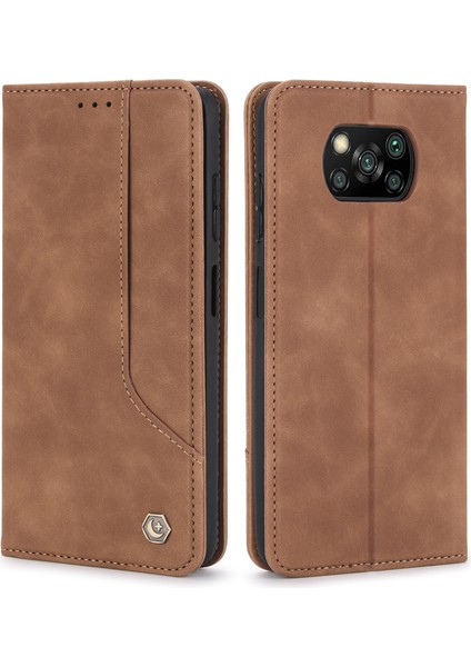 Retro Style Stand Cüzdan Telefon Kılıfı Pu Deri Otomatik Kapanış Xiaomi Için Manyetik Koruyucu Kapak Poco X3/poco X3 Nfc/poco X3 Pro-Brown (Yurt Dışından)