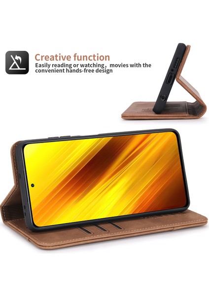 Retro Style Stand Cüzdan Telefon Kılıfı Pu Deri Otomatik Kapanış Xiaomi Için Manyetik Koruyucu Kapak Poco X3/poco X3 Nfc/poco X3 Pro-Brown (Yurt Dışından)