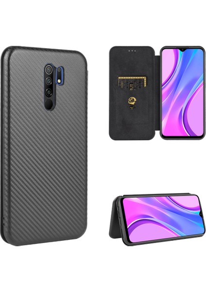 Karbon Fiber Oto-Emilen Deri Standı Cep Telefonu Kılıfı Xiaomi Redmi 9-Black (Yurt Dışından)