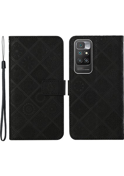 Basılı Çiçek Deri Manyetik Flip Şok Geçirmez, Xiaomi Redmi 10 4g (2021)/REDMI 10 2022 4g/redmi Not 11 4g (Mediatek)/redmi 10 Prime-Black (Yurt Dışından)