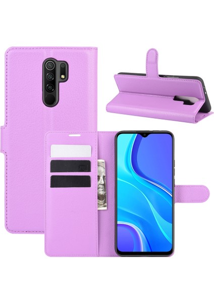 Litchi Doku Cüzdan Standı Deri Kapak Kılıfı Xiaomi Redmi 9-Mor (Yurt Dışından)