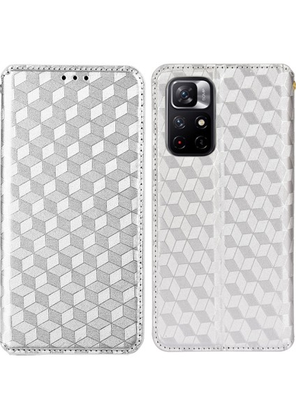 3D Rhombus Desen Pu Deri Stand Cüzdan Koruyucu Telefon Kılıfı Xiaomi Redmi Not 11 5g (Çin) (Mediatek)/redmi Not 11T 5g/redmi Not 11S 5g-Silver (Yurt Dışından)