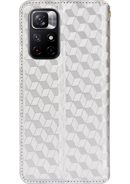 3D Rhombus Desen Pu Deri Stand Cüzdan Koruyucu Telefon Kılıfı Xiaomi Redmi Not 11 5g (Çin) (Mediatek)/redmi Not 11T 5g/redmi Not 11S 5g-Silver (Yurt Dışından)
