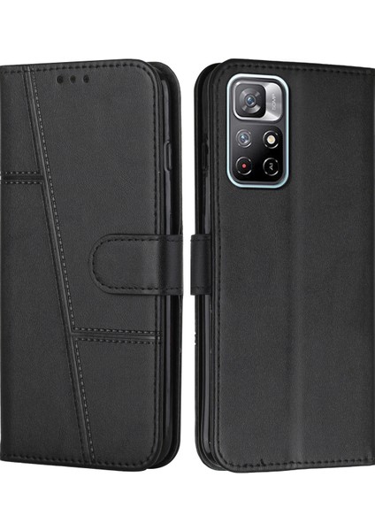 Cüzdan Standı Damla Geçirmez Tam Koruma Ekleme Pu Deri Telefon Kapak Koruyucusu Xiaomi Için Kayış ile Not 11 5g (Çin) (Mediatek)/redmi Not 11T 5g/redmi Not 11S 5g-Black (Yurt Dışından)