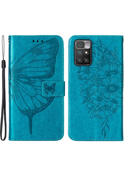 Şok Geçirmez Kelebek Çiçek Deseni Deri Cüzdan Xiaomi Için Bilek Kayışı ile Telefon Kılıfı Not 11 4g (Mediatek)/10 4g (2021)/10 2022 4g/10 Prime-Blue (Yurt Dışından)